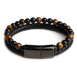 2019 Fashion Men Jewelry Natural Stone Genuine Leather Bracelet Black Stainless Steel Magnetic Clasp Tiger eye Bead Bracelet Men