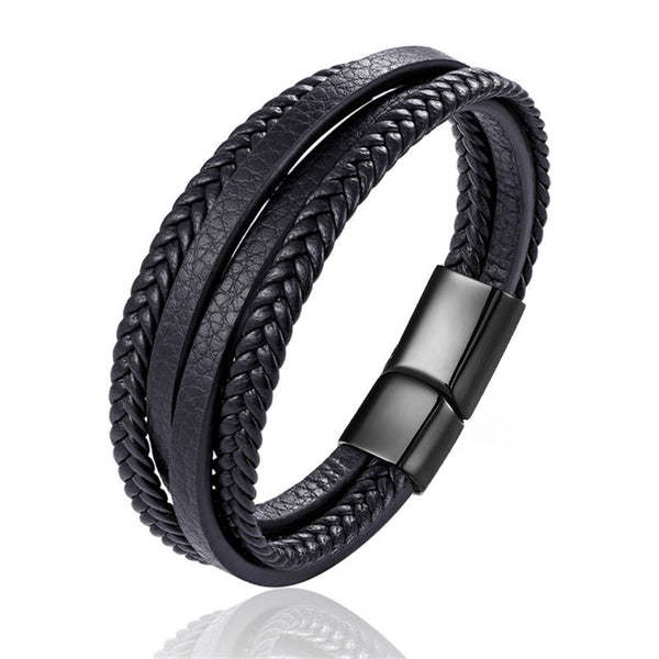 2019 New Design Multi-layers Handmade Braided Genuine Leather Bracelet & Bangle For Men Stainless Steel Fashion Bangles Gifts