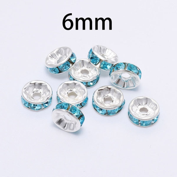 50pcs/lot 4 6 8 10mm Gold Silver Rhinestone Rondelles Crystal Bead Loose Spacer Beads for DIY Jewelry Making Accessories Supplie