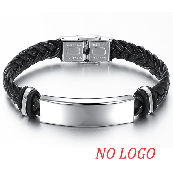 AZIZ BEKKAOUI Engrave Name Black Braid Woven Leather Bracelet Stainless Steel Bracelet Men Bangle Men Jewelry Vintage Gift