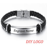 AZIZ BEKKAOUI Engrave Name Black Braid Woven Leather Bracelet Stainless Steel Bracelet Men Bangle Men Jewelry Vintage Gift