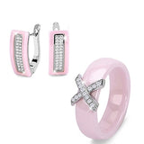 Big Discount Black White Stainless Steel Jewelry Set Ceramic For Women AAA Bling Cubic Zircon Ring And Earring Set Birthday Gift