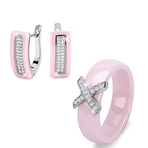 Big Discount Black White Stainless Steel Jewelry Set Ceramic For Women AAA Bling Cubic Zircon Ring And Earring Set Birthday Gift