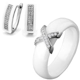 Big Discount Black White Stainless Steel Jewelry Set Ceramic For Women AAA Bling Cubic Zircon Ring And Earring Set Birthday Gift