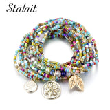 Bohemian Life of Tree Leave Charm Multi Layered Bracelets For Women Boho Crystal Seed Beads Bracelets Jewelry Party Gift