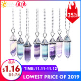 CSJA Fluorite Necklaces Crystal Pendants Natural Gem Stone Quartz Bullet Hexagonal Pendulum Reiki Chakra Suspension Jewelry E546