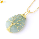CSJA Gold Color Tree of Life Necklace Pendant Wire Wrap Natural Stone Gem Pink Quartz Tiger Eye Green Aventurine Suspension E585