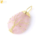 CSJA Gold Color Tree of Life Necklace Pendant Wire Wrap Natural Stone Gem Pink Quartz Tiger Eye Green Aventurine Suspension E585