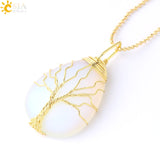 CSJA Gold Color Tree of Life Necklace Pendant Wire Wrap Natural Stone Gem Pink Quartz Tiger Eye Green Aventurine Suspension E585