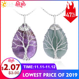 CSJA Gold Color Tree of Life Necklace Pendant Wire Wrap Natural Stone Gem Pink Quartz Tiger Eye Green Aventurine Suspension E585