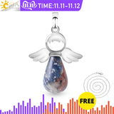 CSJA Natural Stones Angels Wings Pendant for Necklace Pink Quartz Onyx Pendants Silver-color Water Drop Female Jewelry Gift E949