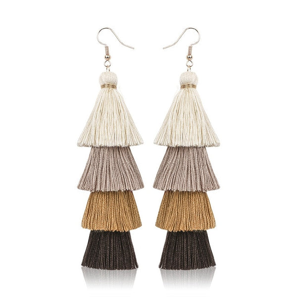 Hot Bohemian Fringe Long Gradient Multilayer Drop Earrings Women Fashion Jewelry Dangle Silk Fabric Ethnic tassel earrings