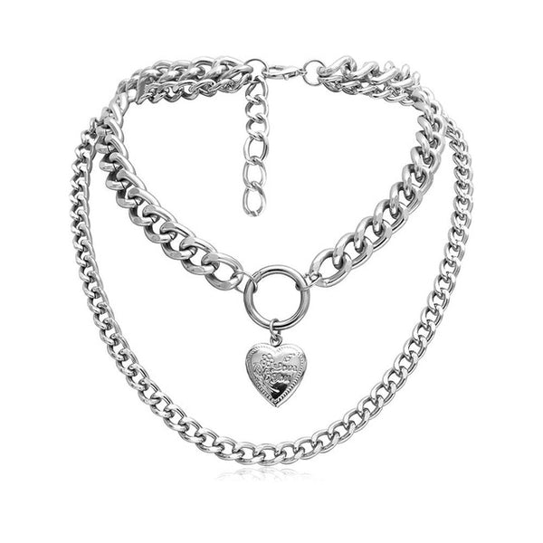 KMVEXO Punk Metal Heart Choker Necklace For Women Big Thick Chain Round Hollow Multilayer Pendant Long Necklaces Jewelry 2019