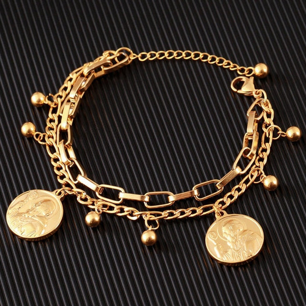 New Arrive Double Stainless Steel Religious Bracelet For Women Female Gold Color Beads Bracelet Jesus Pendant Lady Jewelry Gift