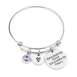 "Not sisters by blood but sisters by heart"Birthstone Bangle Bracelets Stainless Steel Charm Bracelet For Women Friendship Gift