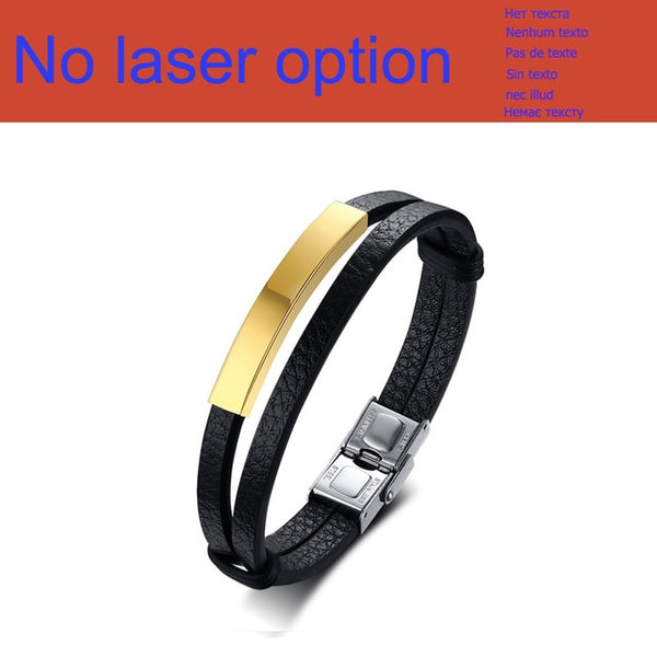 Personalized Genuine Leather Bracelets for Men Women Stainless Steel ID Bar Custom Name Date Adjustable Length Male Pulseira