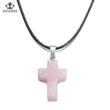 ROYALBEIER Natural Quartz Pendant Stone Hexagonal Pillar Pendants Necklace Tiger Eye Pendant Leather Chains Necklace Wholesale