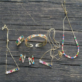 Stylish gold new rainbow crystal zircon rectangular geometric adjustable bracelet and women's fashion necklace jewelry gift