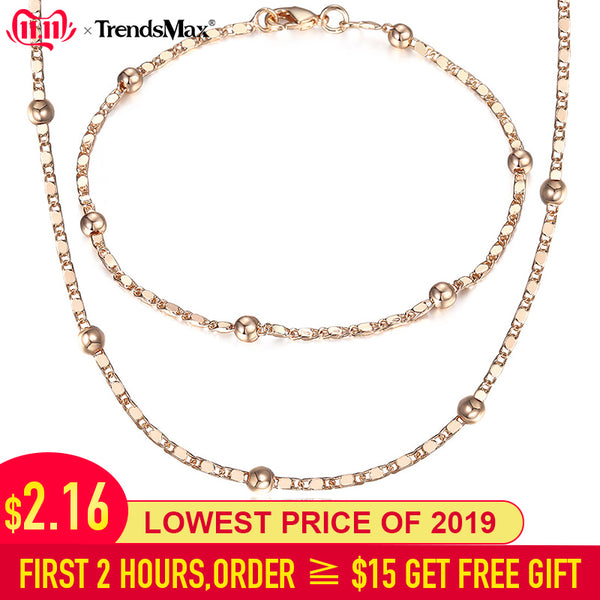Thin 585 Rose Gold Jewelry Set for Women Marina Bead Link Chain Bracelet Necklace Set Woman Party Wedding Jewelry Gifts CS09