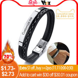 Vnox Multi Layer Leather Bracelets for Men Women Customizable Engraving Stainless Steel Bar Bangles Casual Personalized Pulseira