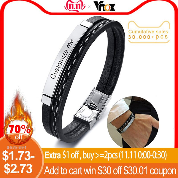 Vnox Multi Layer Leather Bracelets for Men Women Customizable Engraving Stainless Steel Bar Bangles Casual Personalized Pulseira