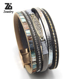 ZG Fashion Women Leather Bracelet Rhinestone Bar Charm Bohemian Leather Female Bracelets in 7 Colors