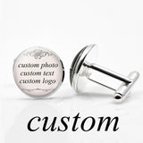 1 Pair Custom Photo Company Logo Text Cufflinks Glass Cabochon Alloy Cuff Links Men Silver Color Wedding Cufflinks Gift