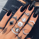 10 Pcs/set Bohemian Retro Gem Crown Crystal Moon Heart Waves Geometric Silver Ring Set Women Party Jewelry Gifts