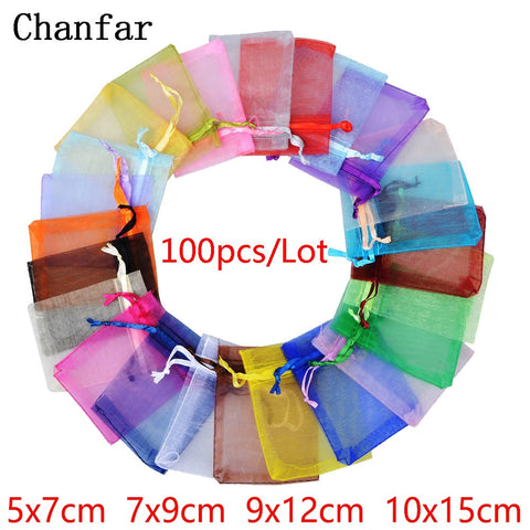 100pcs 24 Colors Jewelry Bag 5*7 7*9  9*12  10*15cm Wedding Gift Organza bag Jewelry Packaging Display & Jewelry Pouches