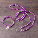 108 Mala Necklace Natural Stone Purple Imperial Jaspers Beads with Lotus OM Buddha Charm Bracelet for Women Men Fashion Jewelry