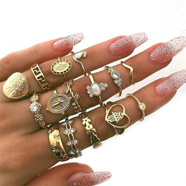 15 Pcs/set Women Fashion Rings Hearts Fatima Hands Virgin Mary Cross Leaf Hollow Geometric Crystal Ring Set Wedding Jewelry