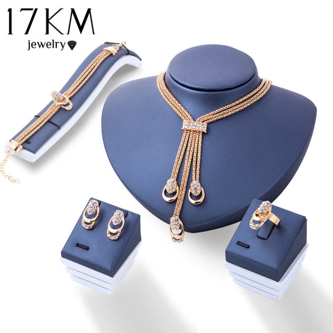 17KM Rose Gold Color Crystal Necklace Earring Bracelet Ring Set Rhinestone New Simple Party Dress Jewelry Sets For Women