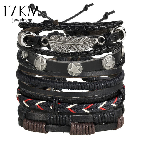 17KM Vintage Multiple Charm Bracelets Set For Men Woman Fashion Wristbands Owl Leaf Leather Bracelet Bangles 2019 Party Jewelry
