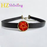 2017 NEW Occult Wiccan Leather Necklace Pentagram Wicca Pendant Glass Jewelry Leather Choker Necklace