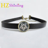 2017 NEW Occult Wiccan Leather Necklace Pentagram Wicca Pendant Glass Jewelry Leather Choker Necklace