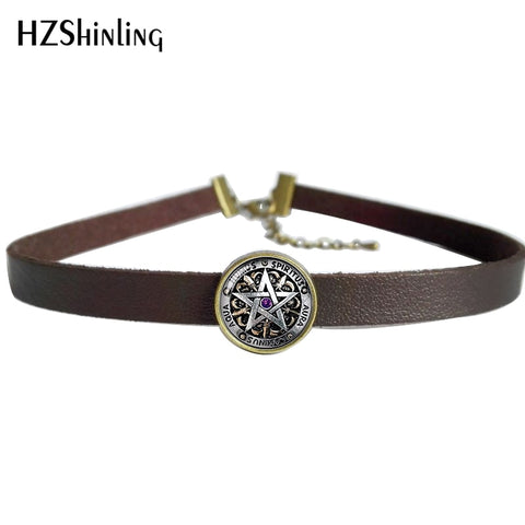 2017 NEW Occult Wiccan Leather Necklace Pentagram Wicca Pendant Glass Jewelry Leather Choker Necklace