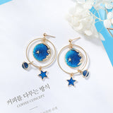 2018 New Creative Blue Universe Asymmetric Earrings For Girl Ear Accessories Cute Moon Star Drop Pendientes Tassel Brincos