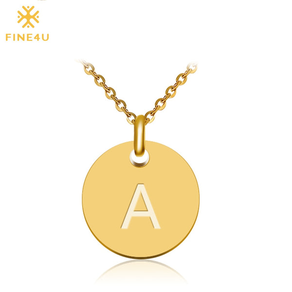 2018 New FINE4U N027 Disc Pendant Necklace Gold/Silver Letter Alfabet Necklace 316L Stainless Steel Chain Necklaces For Women