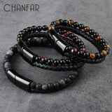 2019 Fashion Men Jewelry Natural Stone Genuine Leather Bracelet Black Stainless Steel Magnetic Clasp Tiger eye Bead Bracelet Men