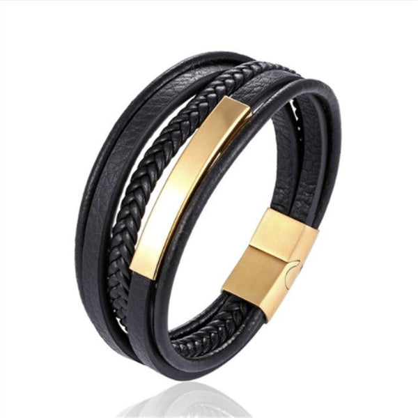 2019 New Design Multi-layers Handmade Braided Genuine Leather Bracelet & Bangle For Men Fashion Stainless Steel Bangles Jewelry