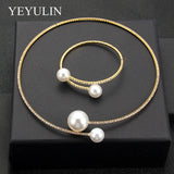 2PCS/Set European Simulated Pearl Chokers  Necklace Bangle Adjustable Jewelry Set For Women Bridal Wedding Party Accessories