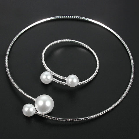 2PCS/Set European Simulated Pearl Chokers  Necklace Bangle Adjustable Jewelry Set For Women Bridal Wedding Party Accessories