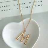 2cm Small Gold Hammered Metal Bamboo 26 Letter Alphabet A-Z Minimalist Initial Pendant Necklace Fashion Twist Chain Neck Jewelry