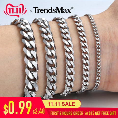 3-11mm Men's Bracelets Silver Stainless Steel Curb Cuban Link Chain Bracelets For Men Women Wholesale Jewelry Gift 7-10" KBM03