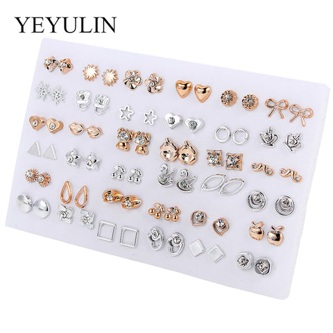 36pairs Fashion Silver Gold Color Plastic Stud Earings Sets For Women Girls Cute Mini Heart Star Crystal Swan Shape Ears Jewelry