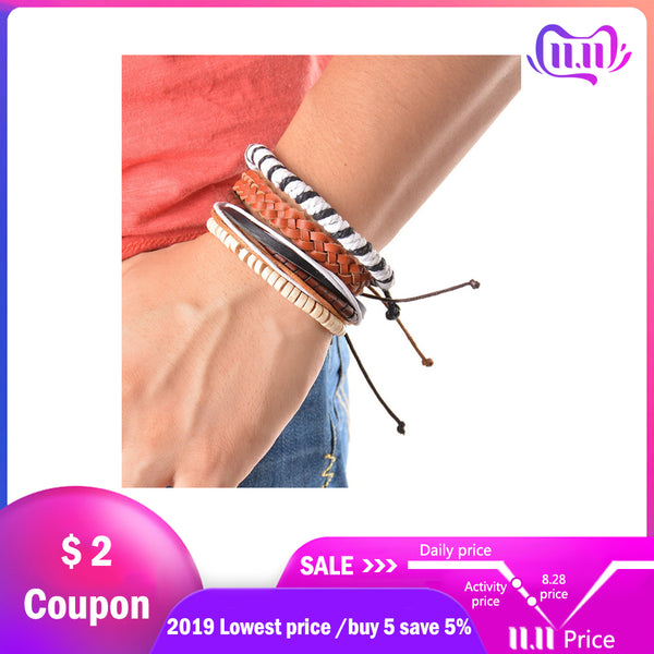 4-6PC Vintage Multilayer Leather Bracelet For Men Fashion Braided Handmade Rope Wrap Bead Charm Woven Bracelets Male Gift