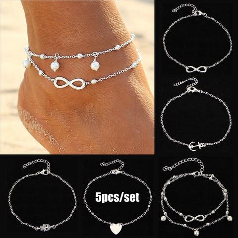 5Pcs Retro Pearl Heart Infinity Ankle Anklet Bracelet Set Bohemia Silver Foot Beach Anklets Women Fashion Barefoot Chain Jewelry