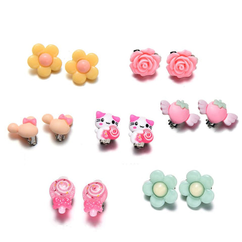 7 Pairs Kids Toddler Little Girls Clip On Earrings Value Set Birthday Party Gift Cute Animal Flower Princess Ear Jewelry