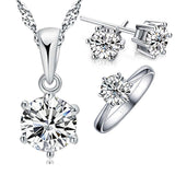 925 Sterling Silver Bridal Jewelry Sets For Women Accessory Cubic Zircon Crystal Necklace Rings Stud Earrings Set Gift