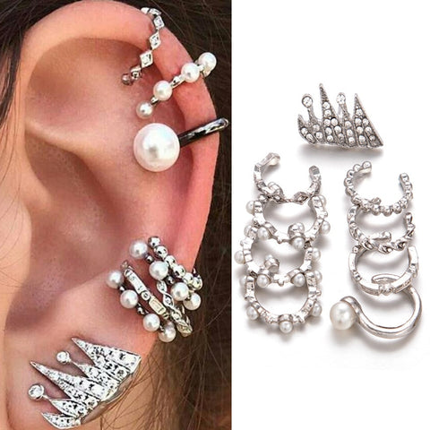 9pcs/set Punk Simulated Pearl Crystal Clip Earrings for Women Bohemian Silver Color Ear Cuff Brincos Fashion Geometry Jewelry